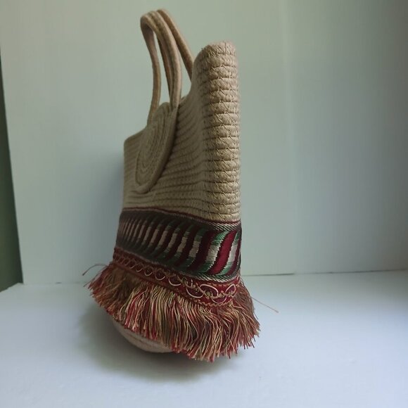 Soft Natural Rope Satchel Tote Bag Rich Circular Handle Embroidery & Fringe - Picture 3 of 9